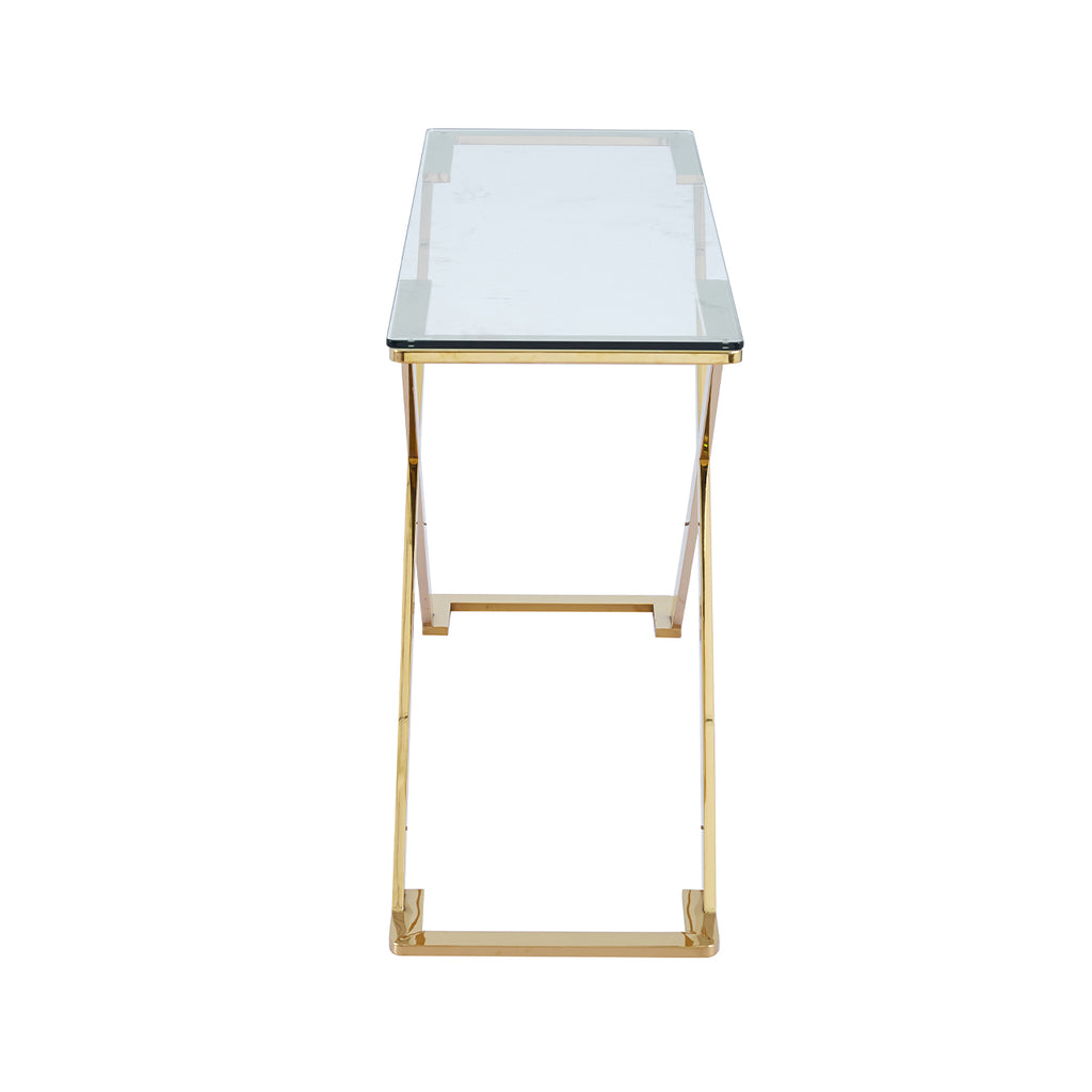 glass console table with gold base