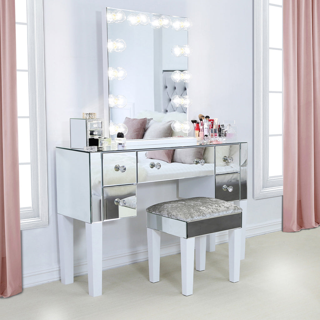 Dressing Table Set - XL Portrait Vanity Mirror with Lights + Five Mirrored Drawers Dressing Table + Stool - VANITY LIVING