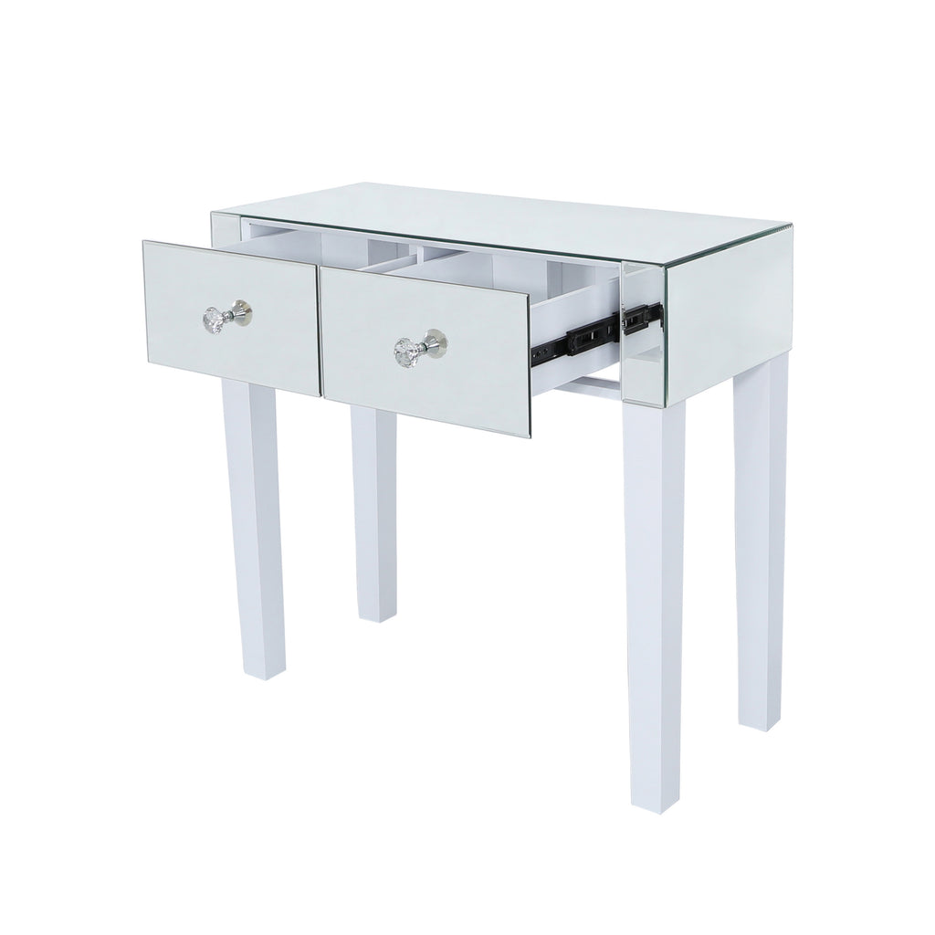 Dressing Table Set - Landscape Vanity Mirror with Lights + Two Mirrored Drawer Dressing Table + Stool - VANITY LIVING