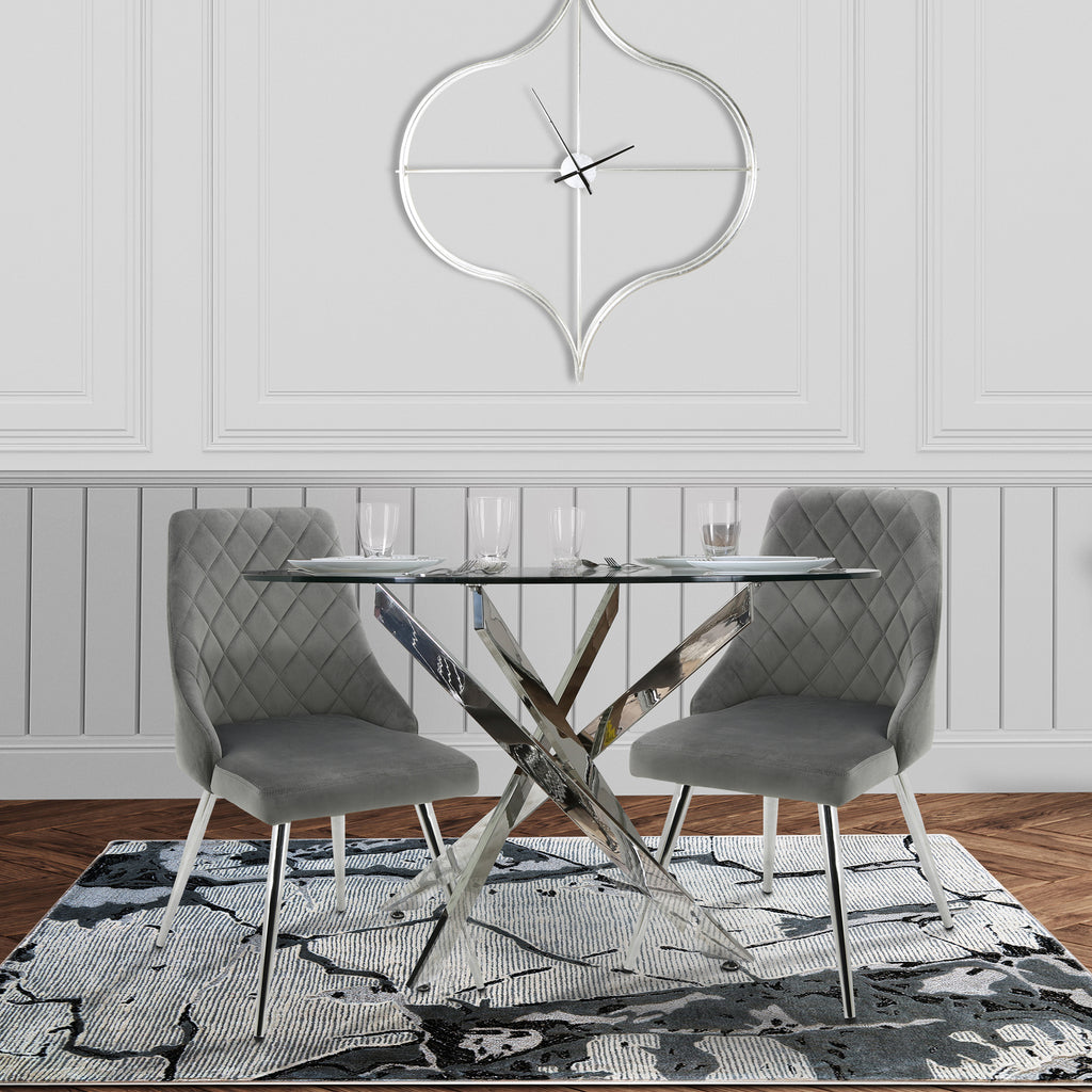 Dining Table Set - Davos Chrome Round Dining Table + 2 Milan Grey Dining Chairs - VANITY LIVING