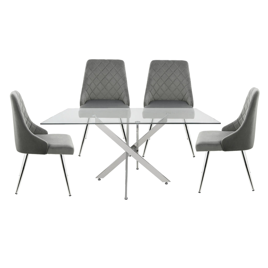 Davos Chrome - Large Glass Dining Table + 4pcs Milan Grey - Chair - VANITY LIVING