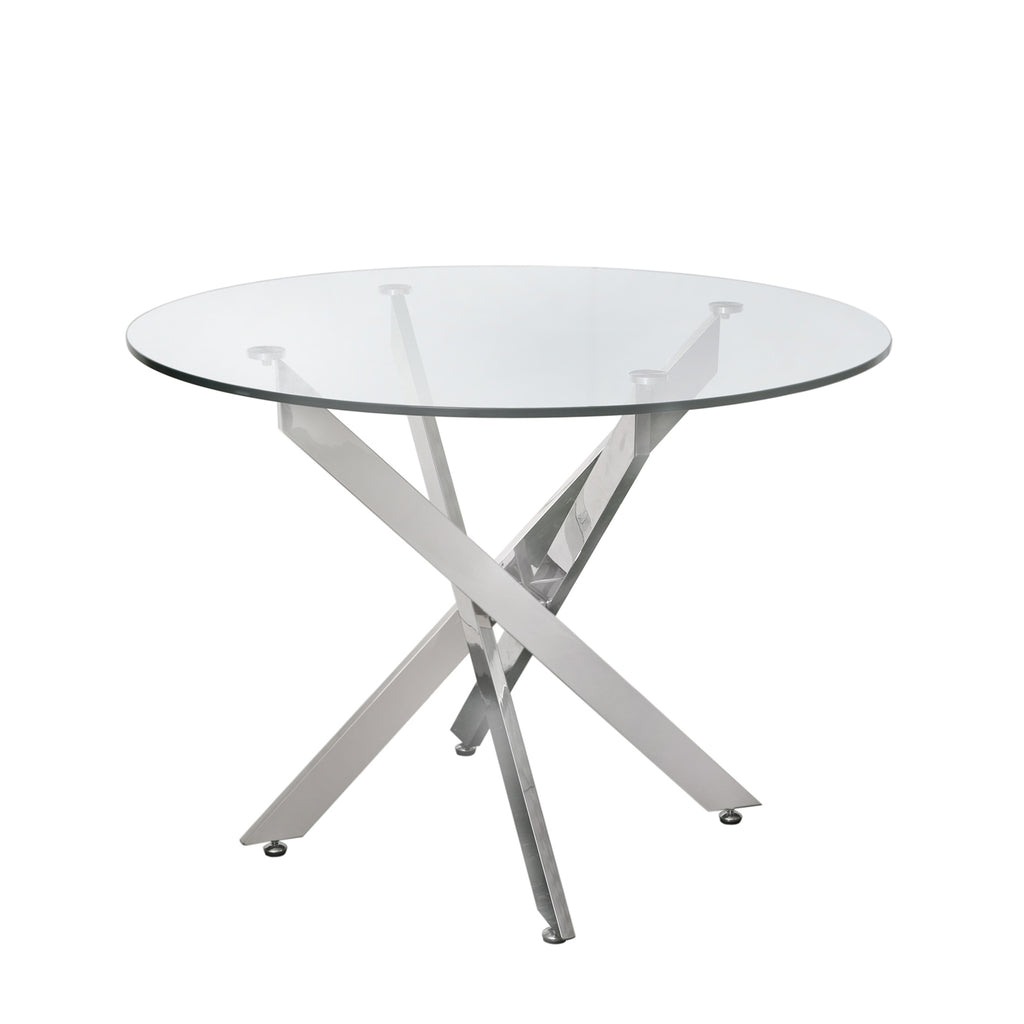 Davos Chrome - Round Dining Table + 4pcs Leon Grey - Dining Chairs - VANITY LIVING