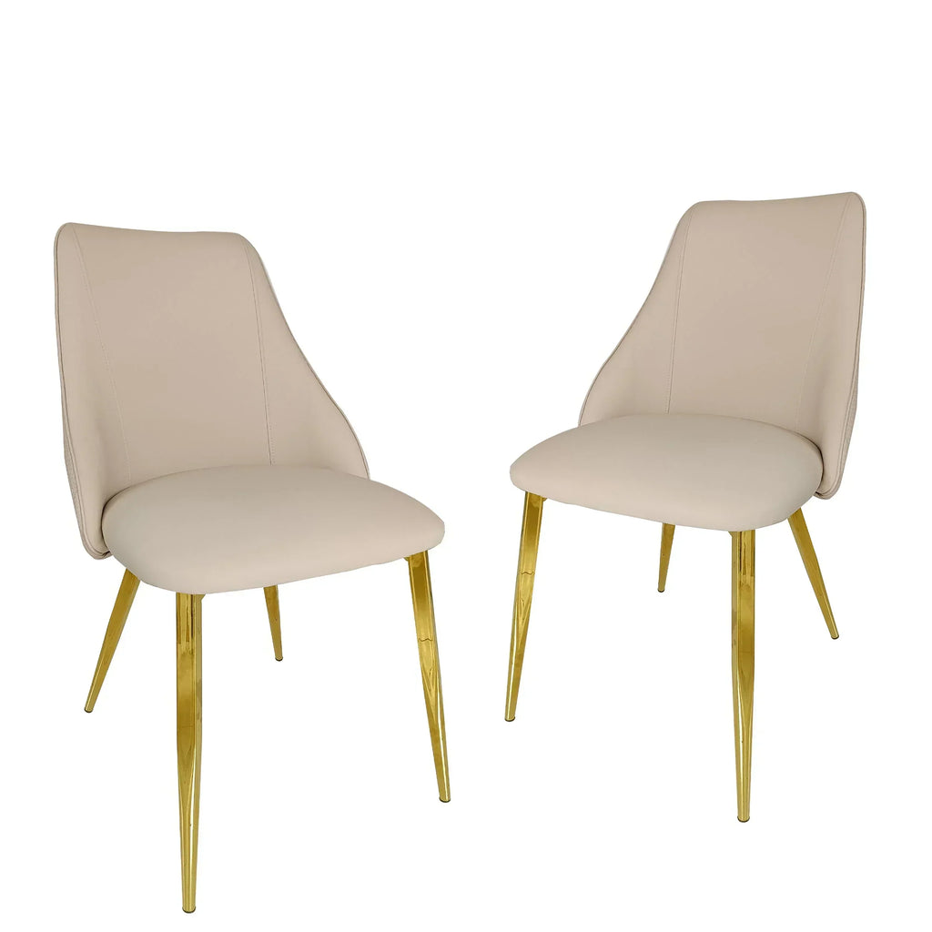 Two elegant beige upholstered dining room chairs with sleek contoured backs and tapered gold metal legs, displayed against a clean white background for a modern, premium look