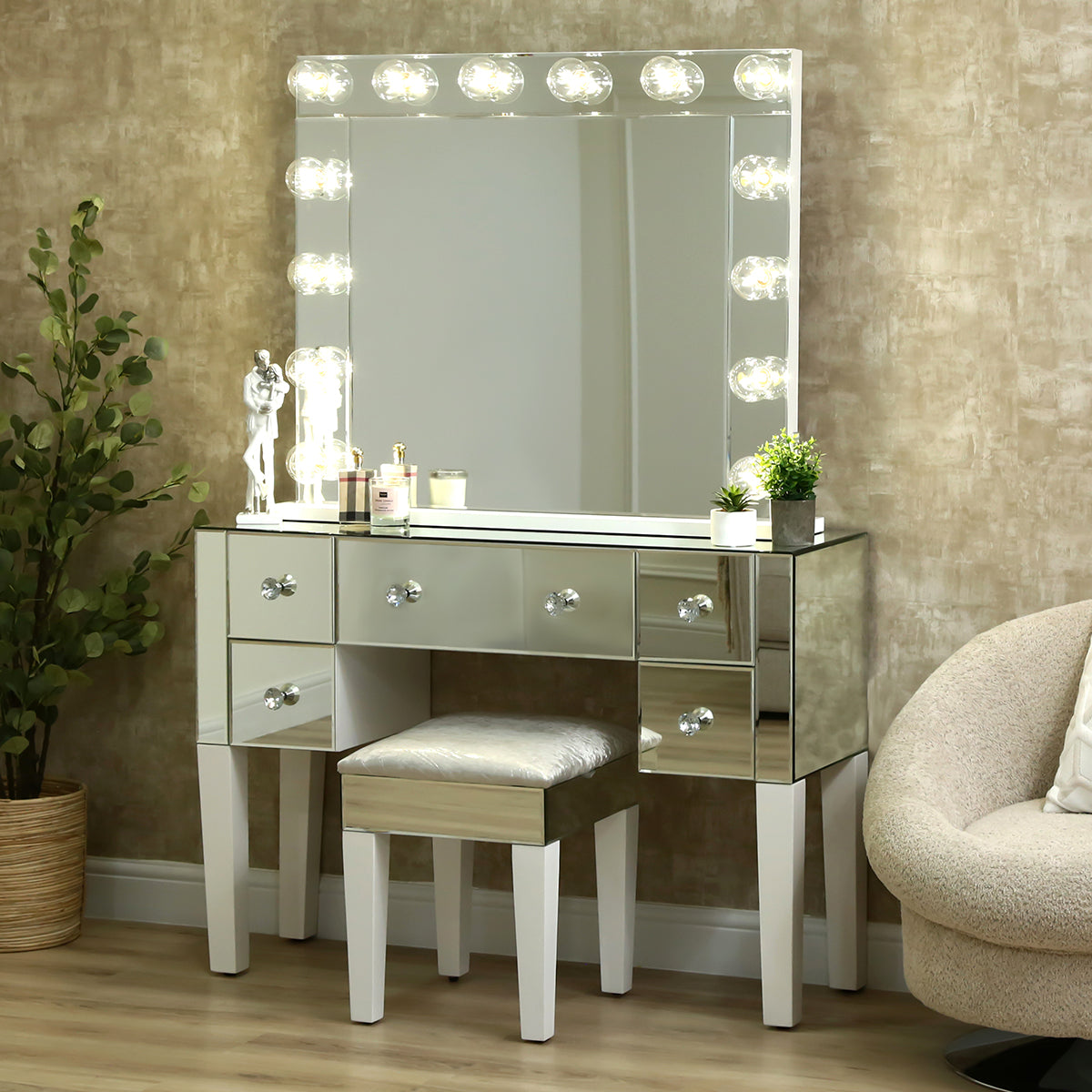Large Dressing Table Set With XL Landscape Vanity Mirror with 14 Lights and Stool VANITY LIVING Large Dressing Table Set With XL Landscape Vanity Mirror with 14 Lights and Stool VANITY LIVING
