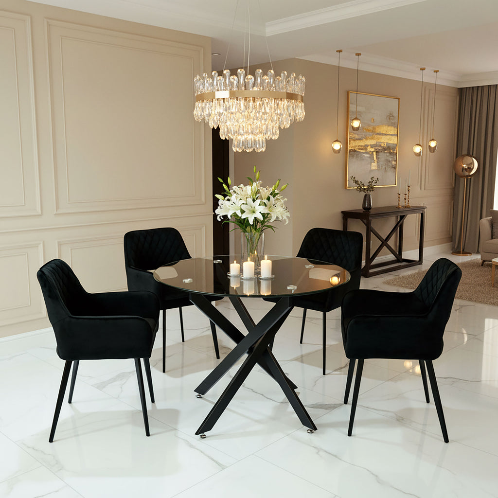 4 Seater Glass Dining Table Set – Davos Black Round with Como Chairs
