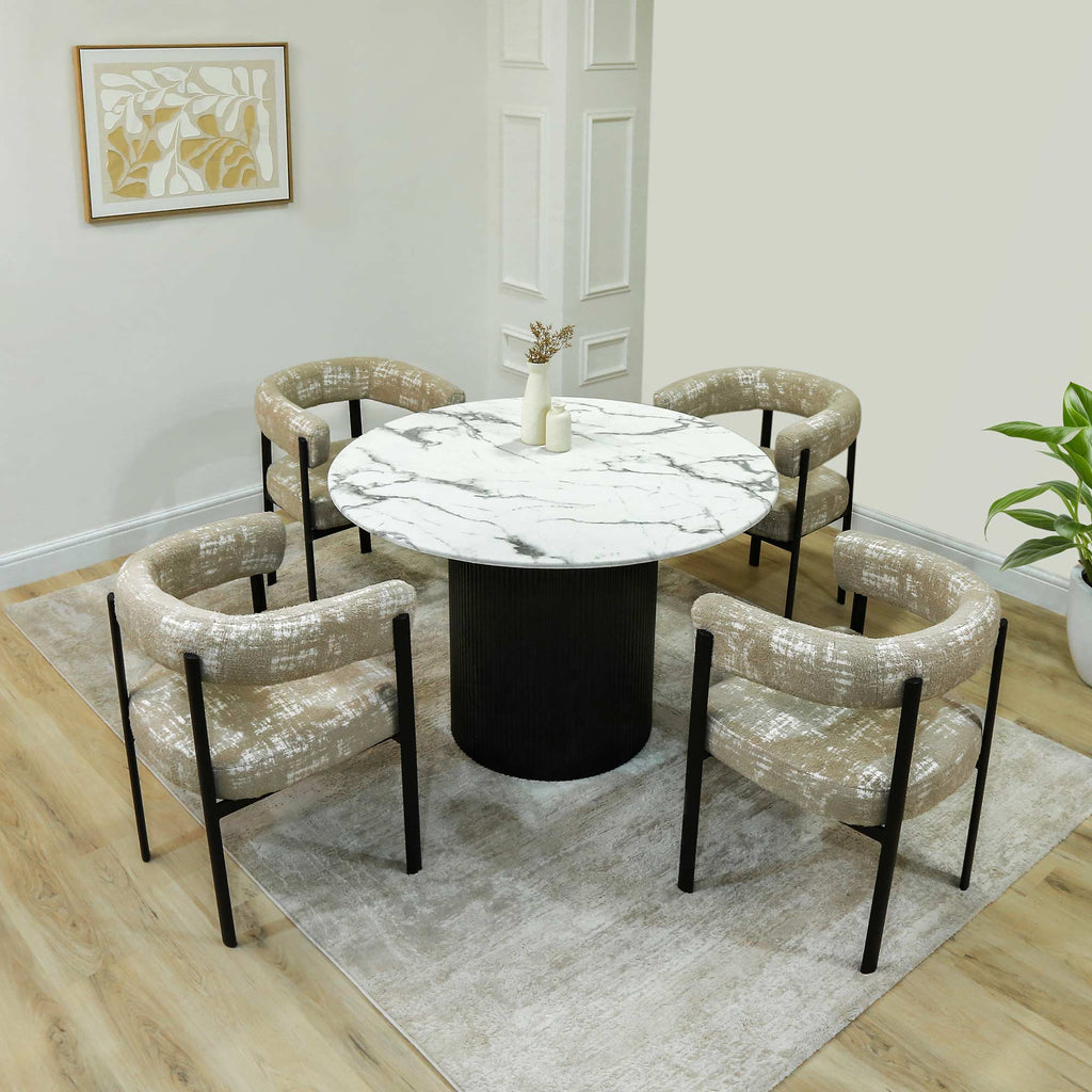 Dining Table Set 4 Seater - Avellino Round Black With Kahlea Cream & White.