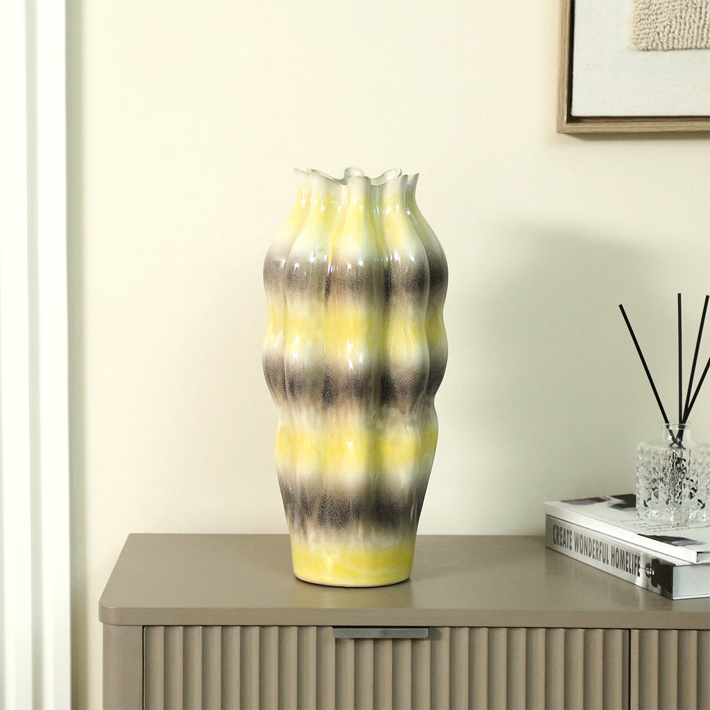 36.5cm Beige Ceramic Vase with Multicolor Stripes