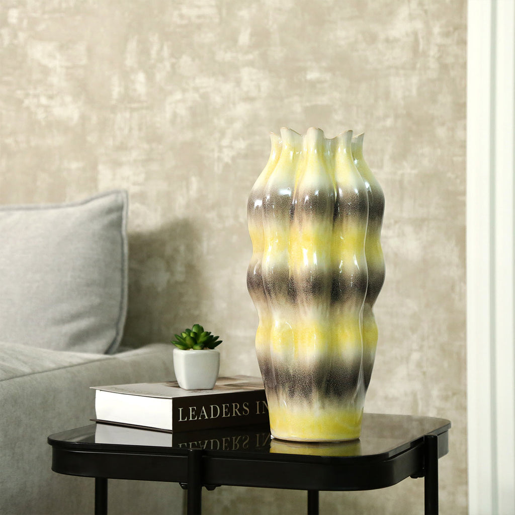 36.5cm Beige Ceramic Vase with Multicolor Stripes