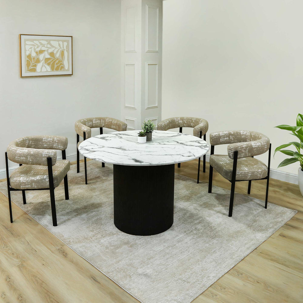 Dining Table Set 4 Seater - Avellino Round Black With Kahlea Cream & White.