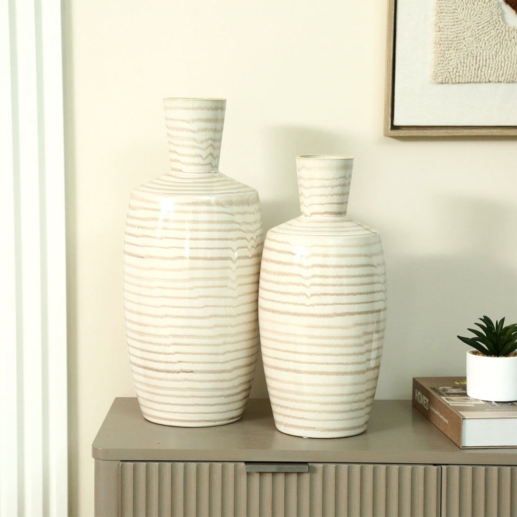 44.3cm Beige and Brown Stripes Ceramic Vase