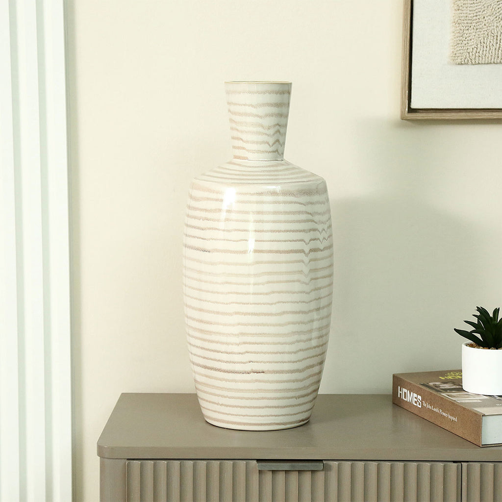 44.3cm Beige and Brown Stripes Ceramic Vase Lifestyle