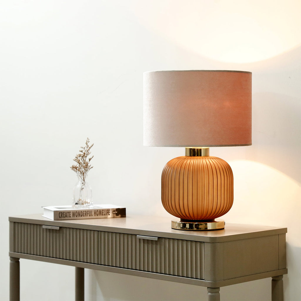 Frost Brown Pleated Glass Table Lamp with Champagne Velvet Shade