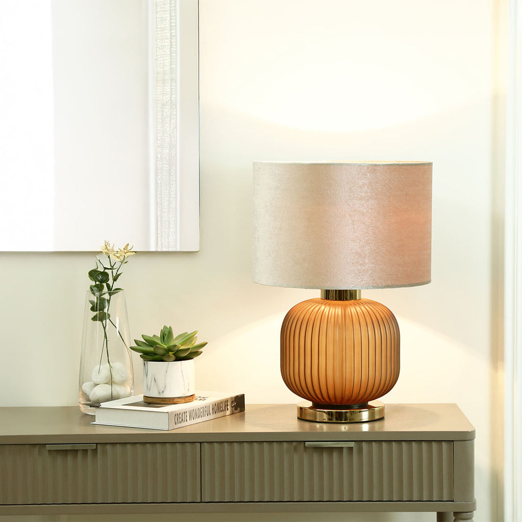 Frost Brown Pleated Glass Table Lamp with Champagne Velvet Shade