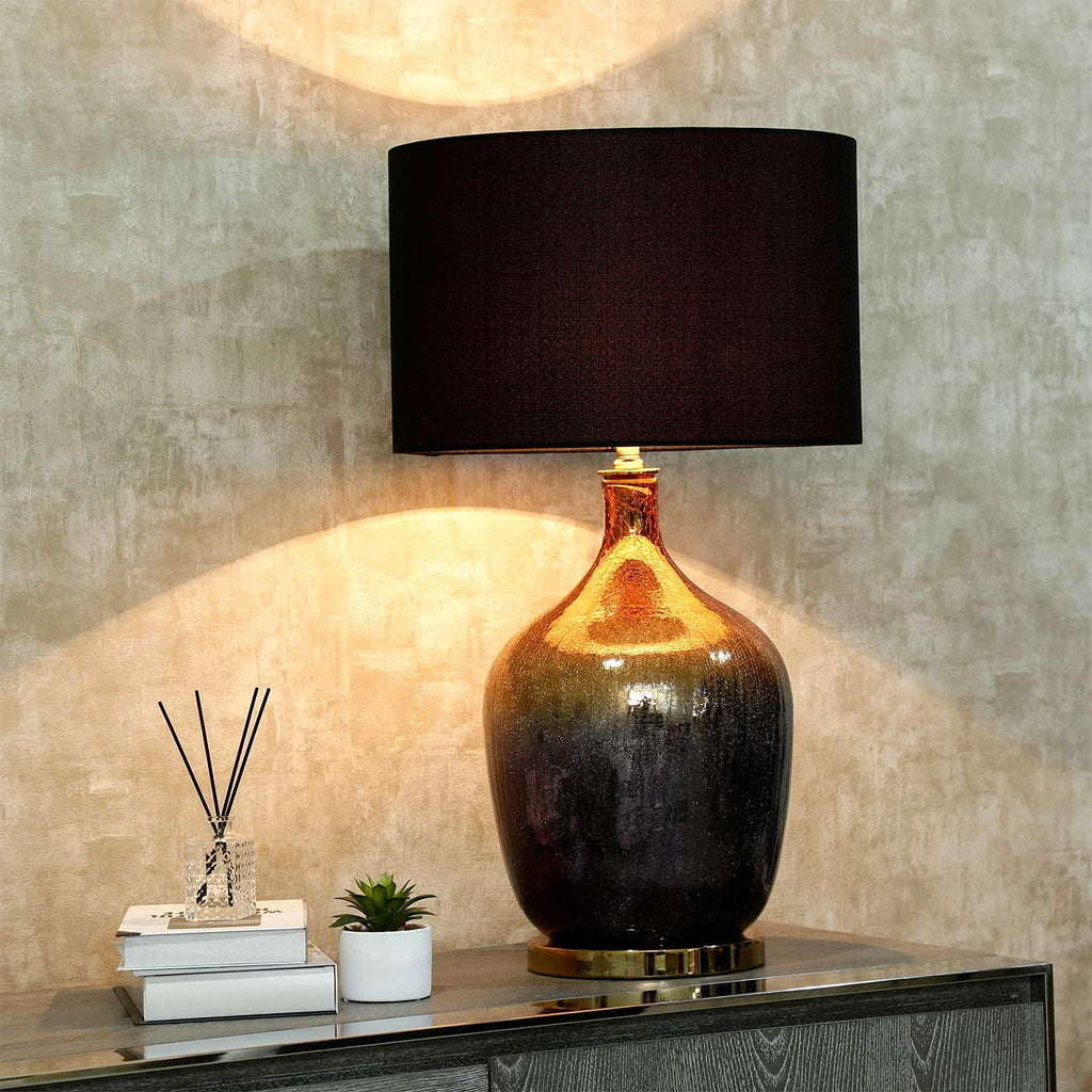 Gold and Black Glass Table Lamp with Black Linen Shade