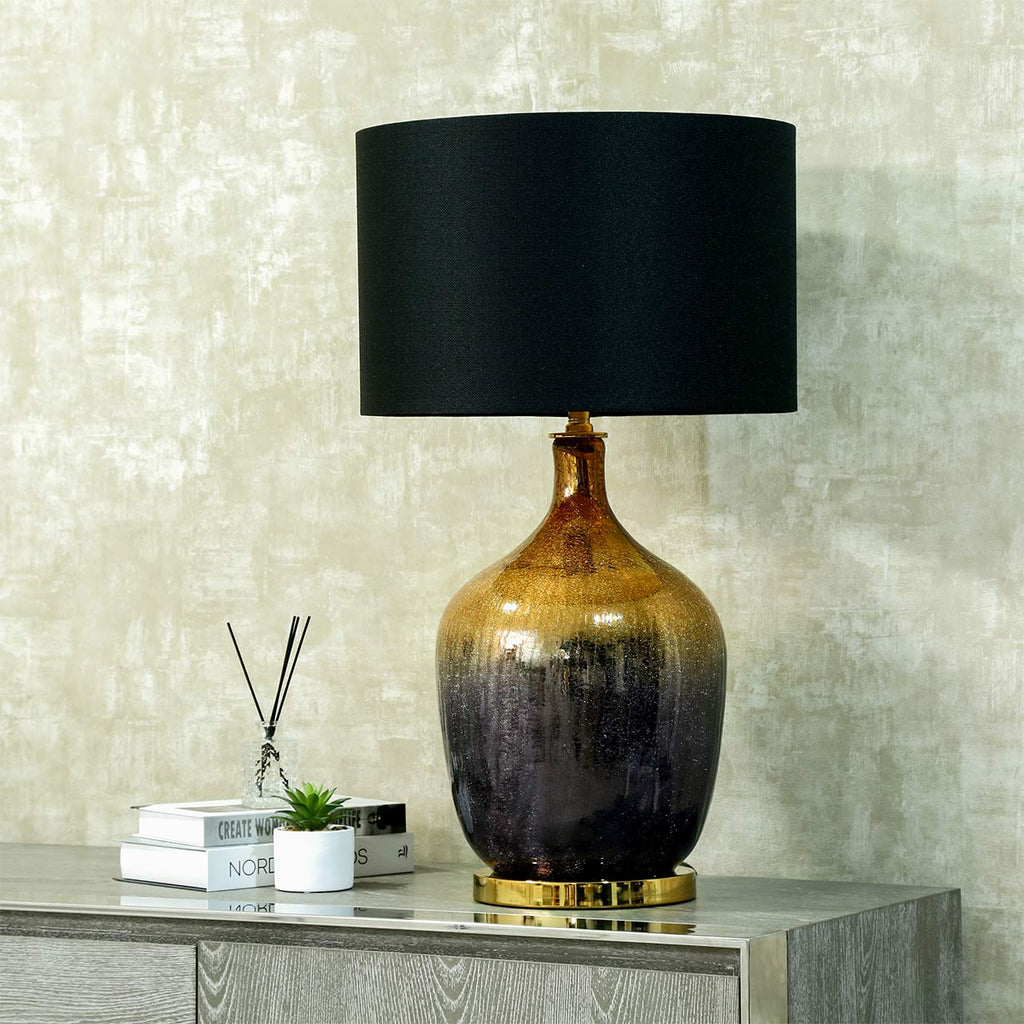 Gold and Black Glass Table Lamp with Black Linen Shade