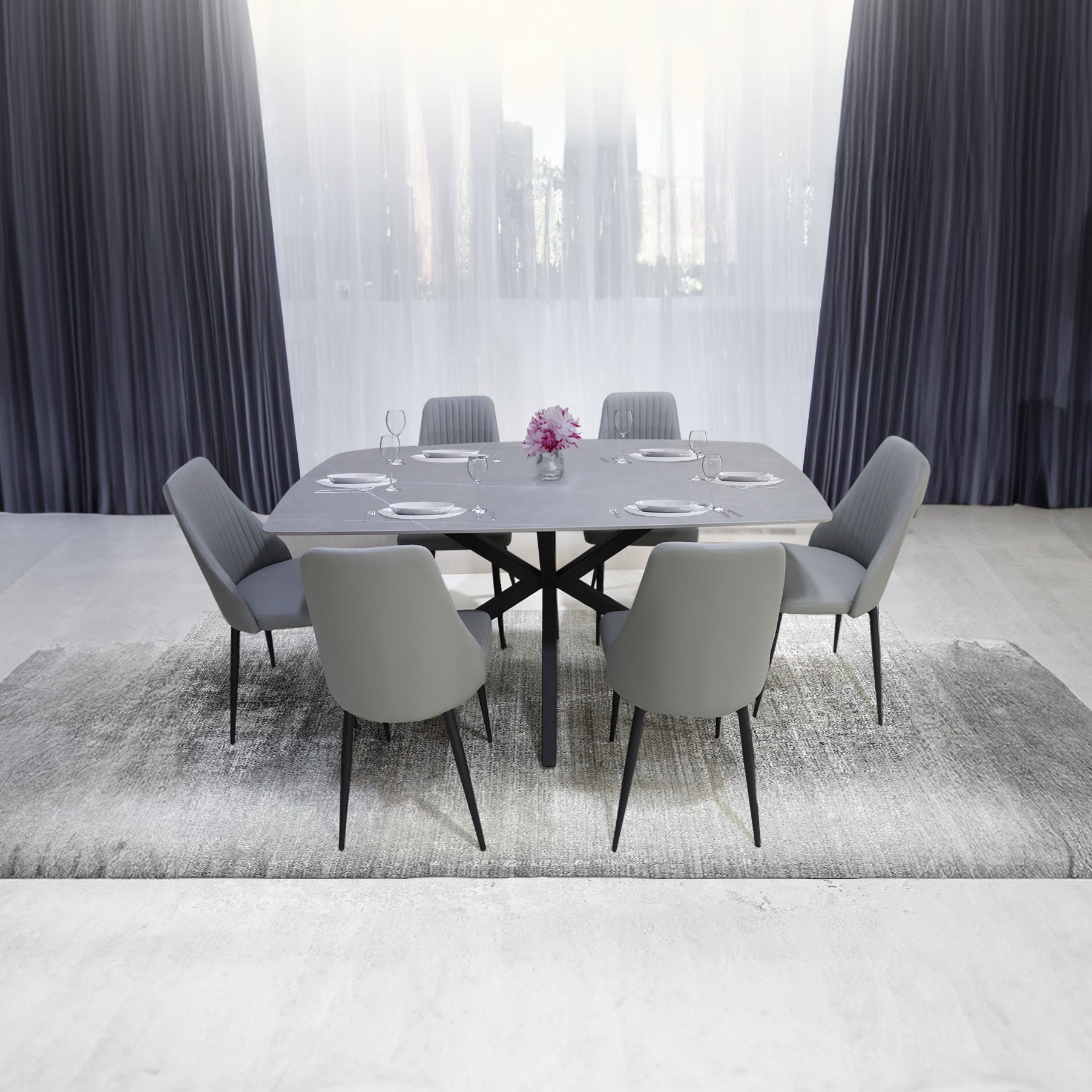 Livoro Large Slate Sindered Stone Dining Table with Black Legs