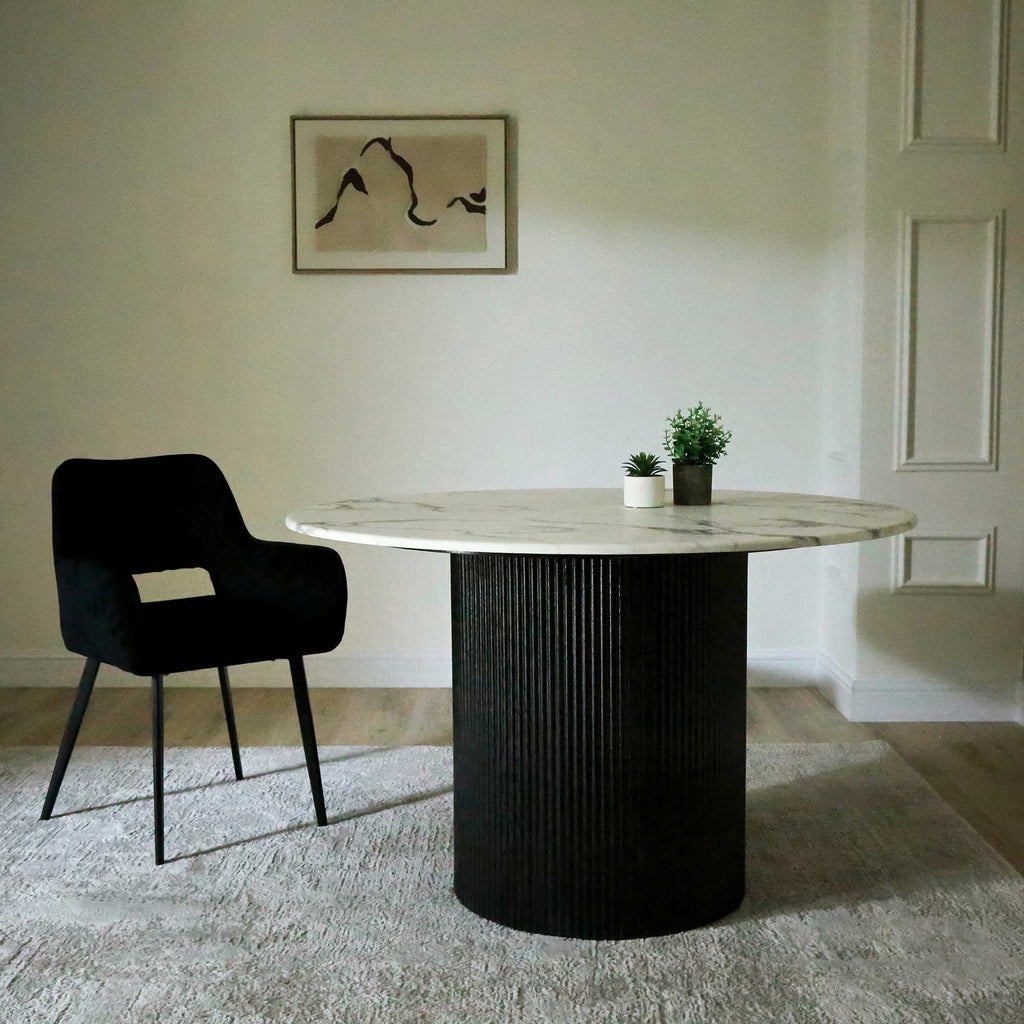 Dining Table - Avellino Round White & Black Ash Marble.