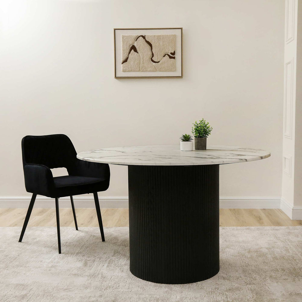 Dining Table - Avellino Round White & Black Ash Marble.