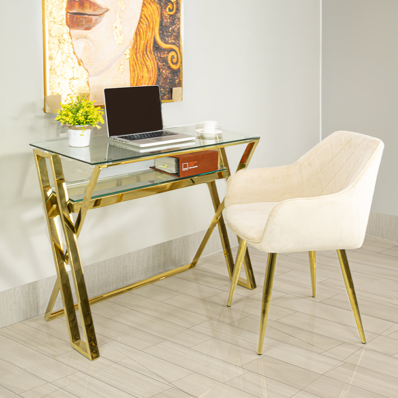 Home Office Set of 2 Braga Gold Study Table Leon Cream Chair