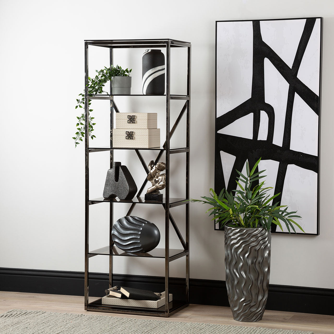 Black metal bookcase with glass shelves discount