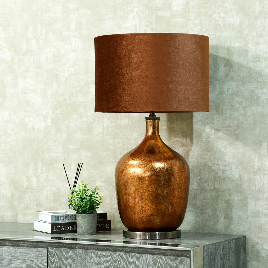 Red Copper Glass Table Lamp with Amber Velvet Shade