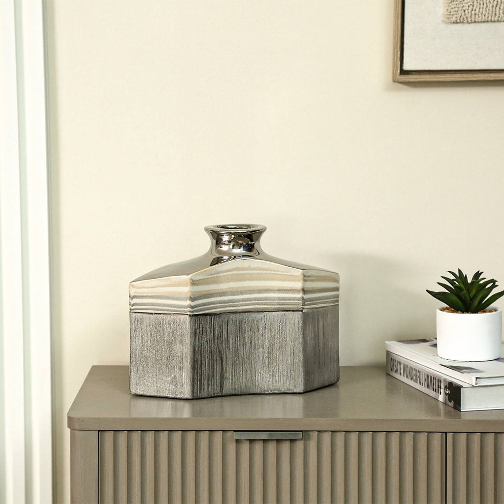 Silver Ceramic Vase with Multicolor Stripes