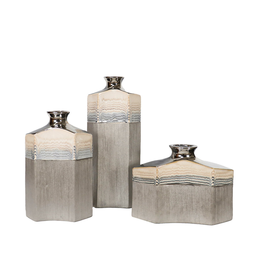 Silver Ceramic Vase with Multicolor Stripes