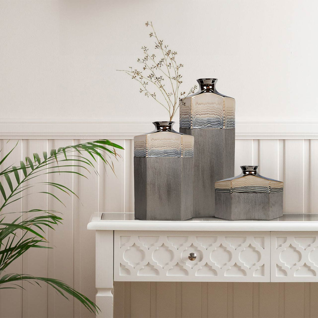 Silver Ceramic Vase with Multicolor Stripes