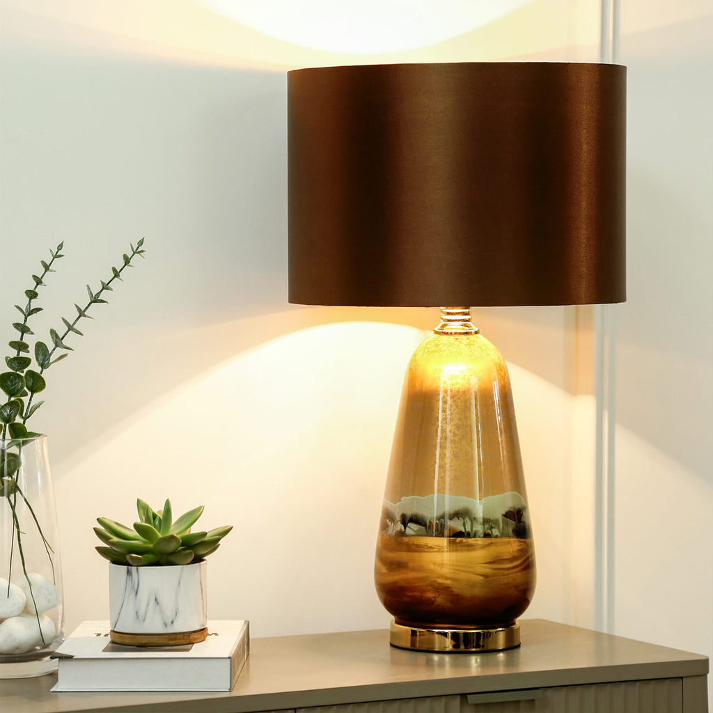Two Tone Brown Glass Table Lamp with Dark Brown Satin Shade