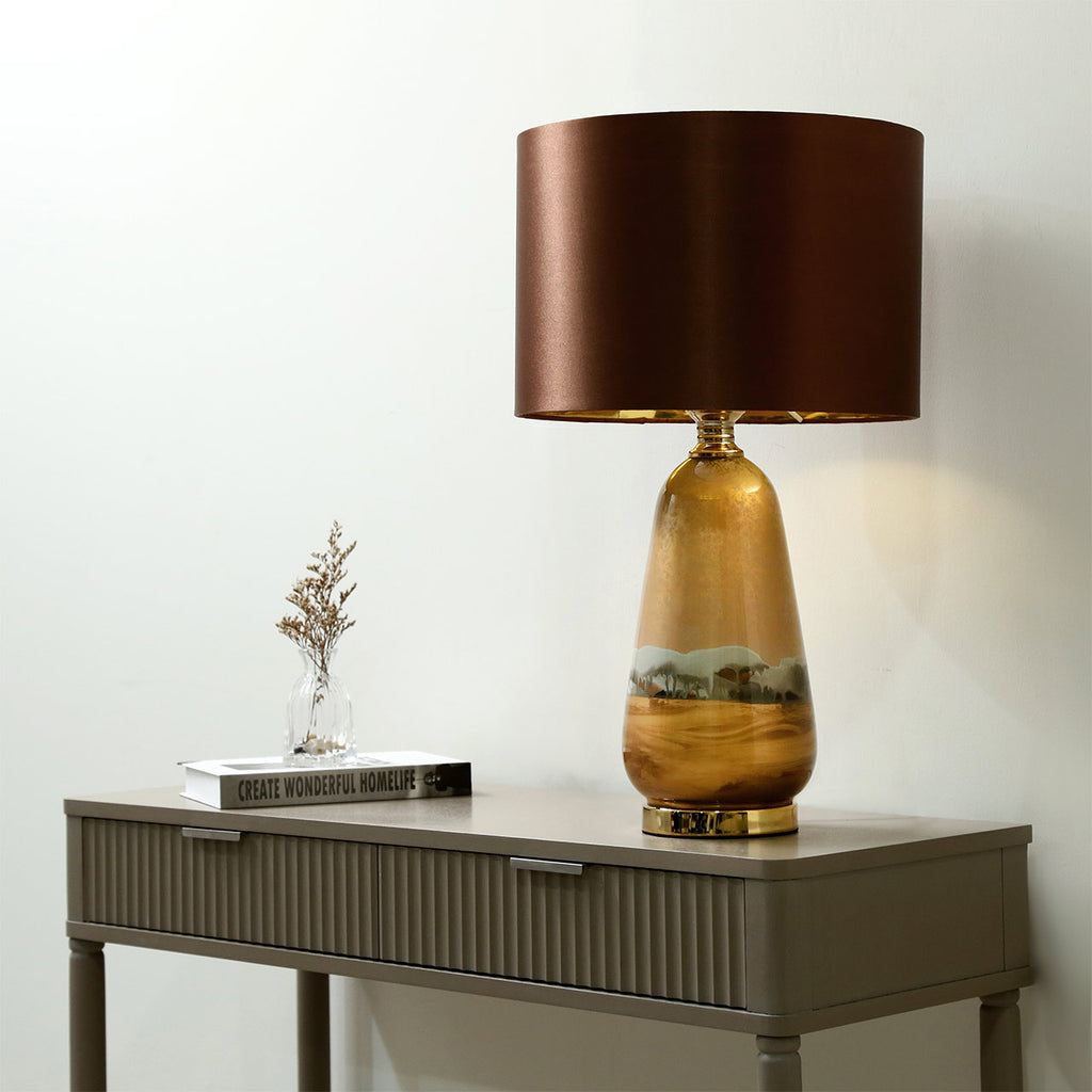 Two Tone Brown Glass Table Lamp with Dark Brown Satin Shade