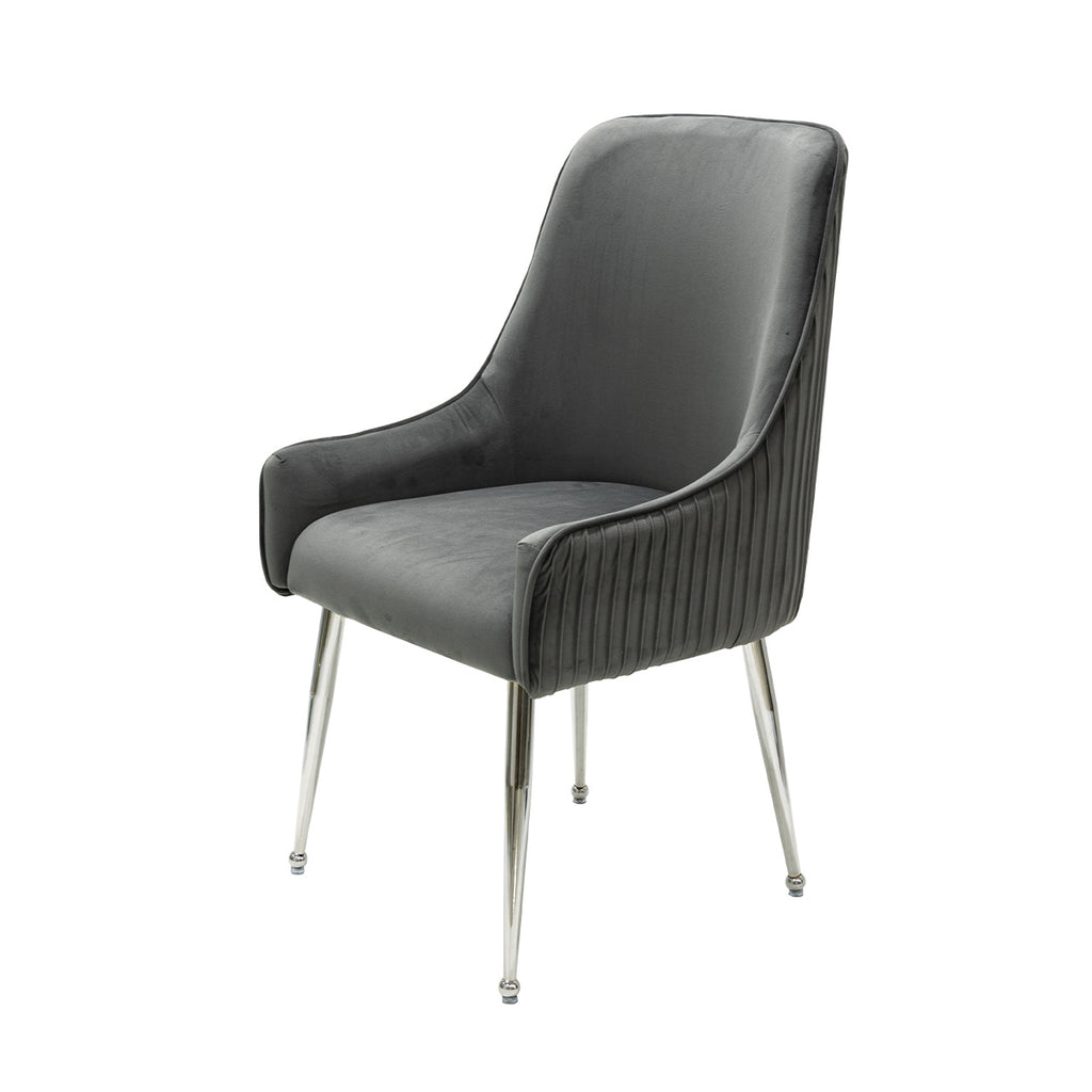 grey chair with chrome legs