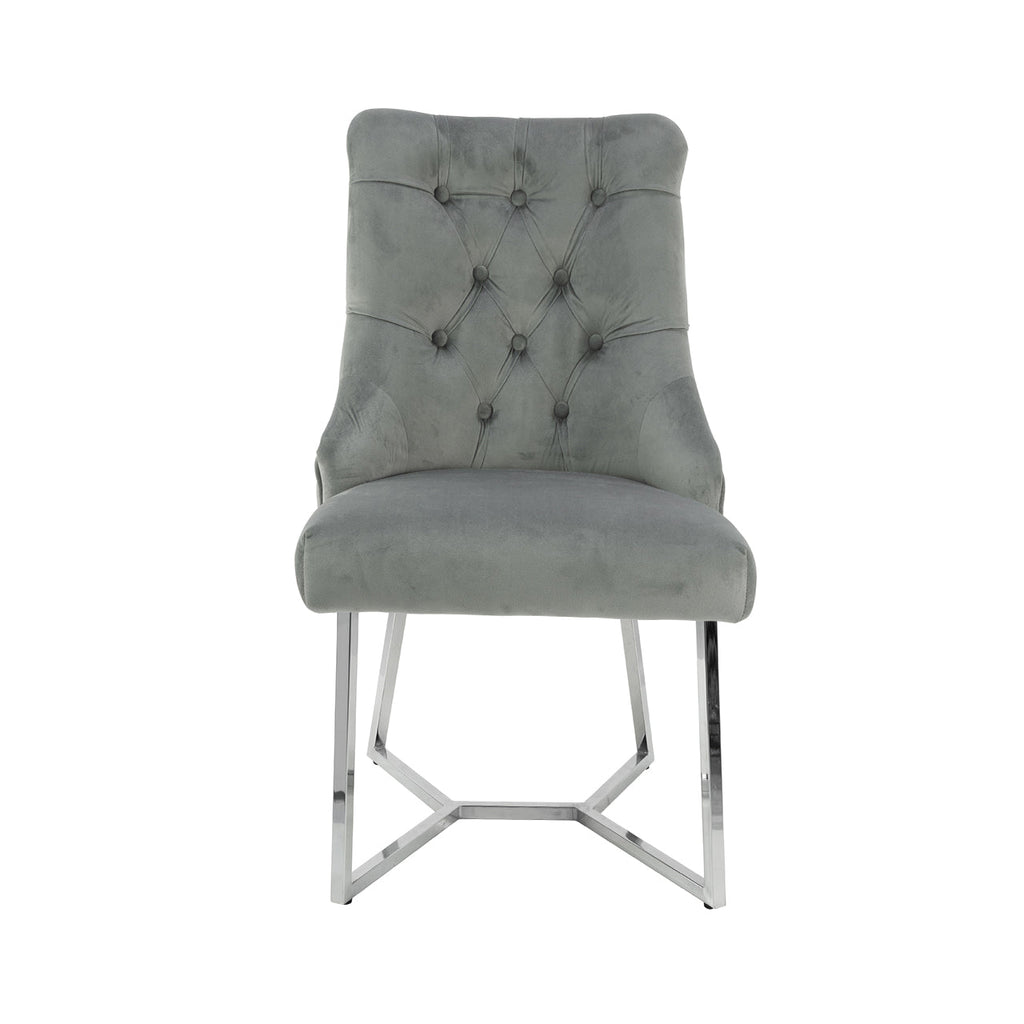 grey velvet chair with chrome base