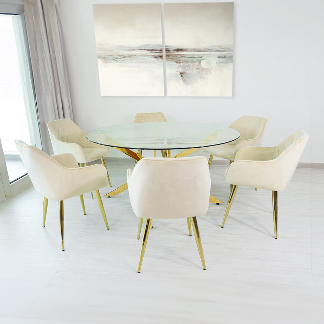 Dining Table Set 6 Seater Davos Gold Large Round with Leon Cream Chairs