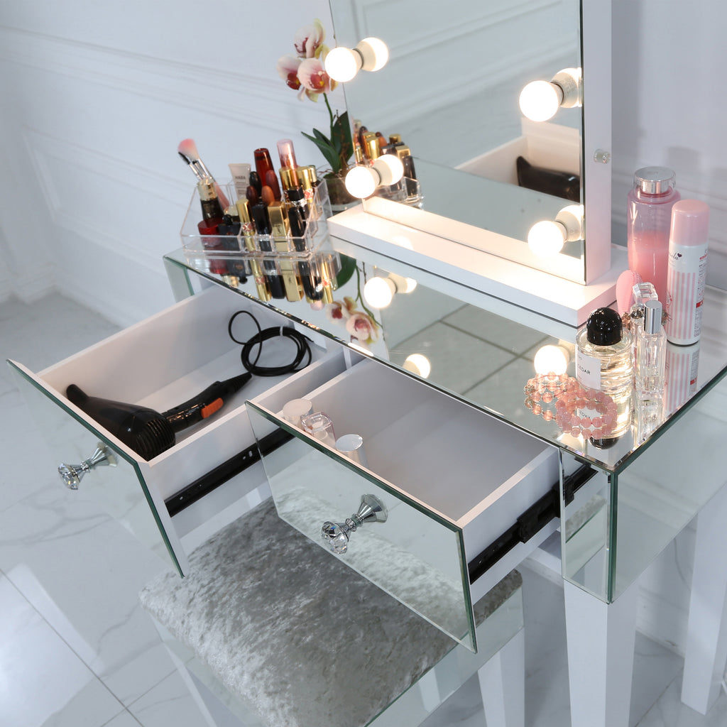 Dressing Table Set - Portrait Vanity Mirror with lights + Two Mirrored Drawers Dressing Table - VANITY LIVING