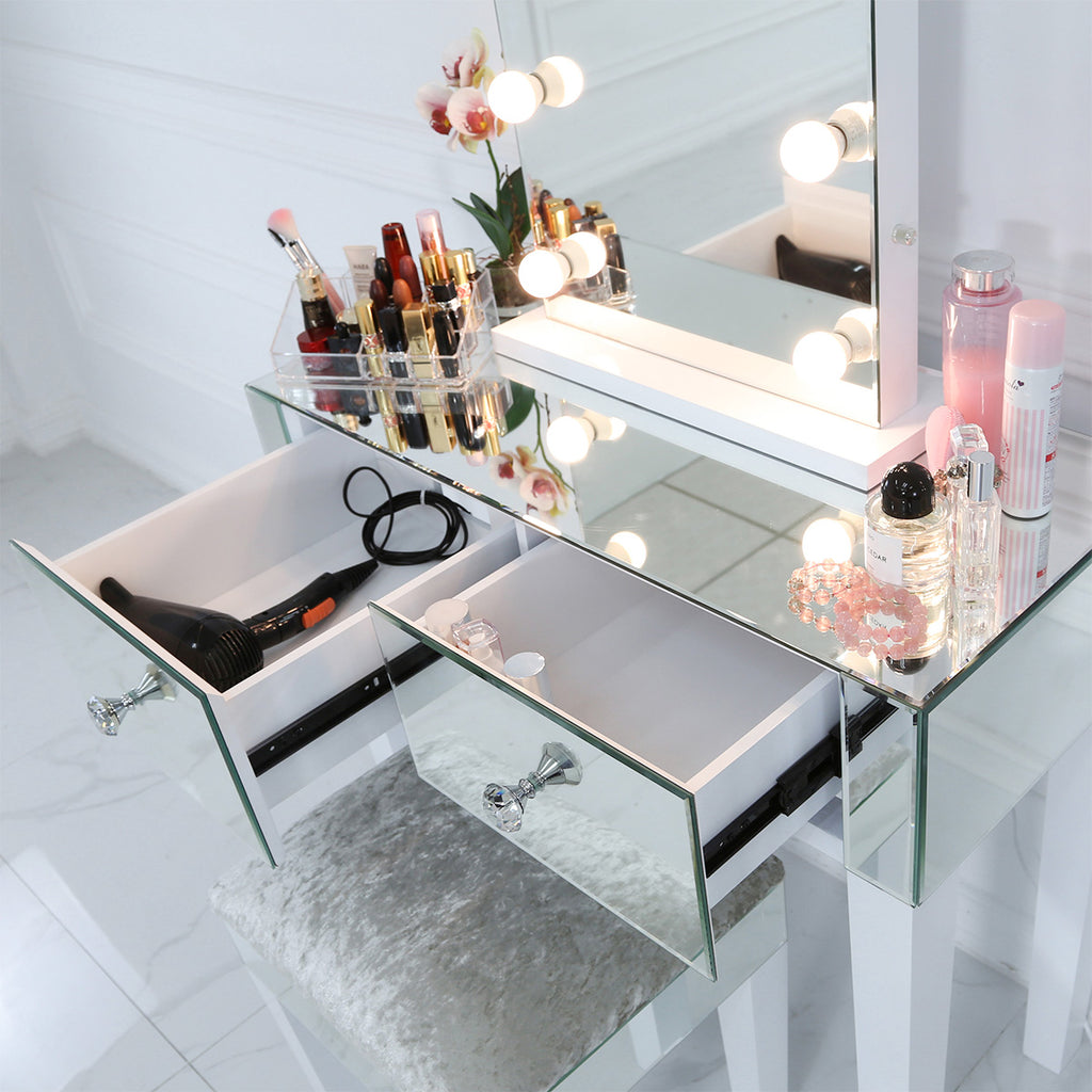 Dressing Table Set - Two Mirrored Drawers Dressing Table + Stool - VANITY LIVING