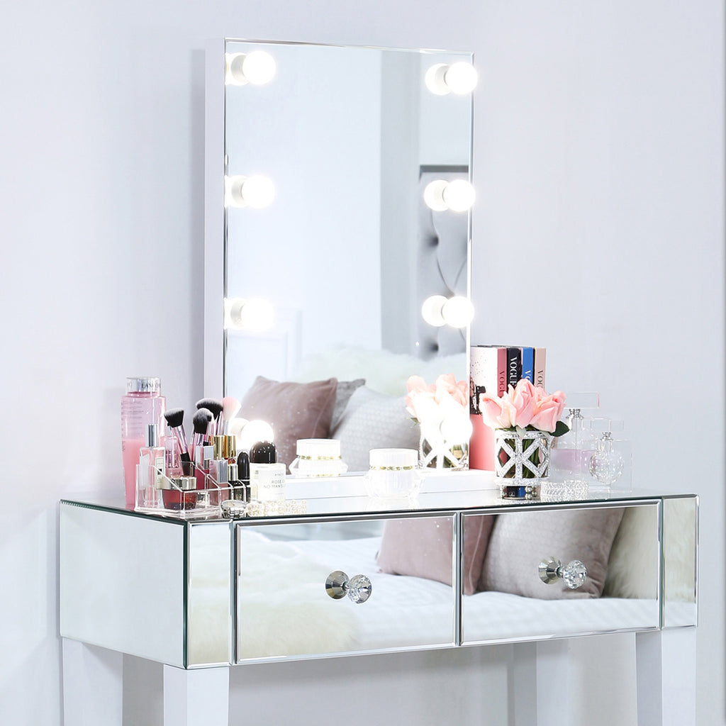 Dressing Table Set - Portrait Vanity Mirror with lights + Two Mirrored Drawers Dressing Table - VANITY LIVING