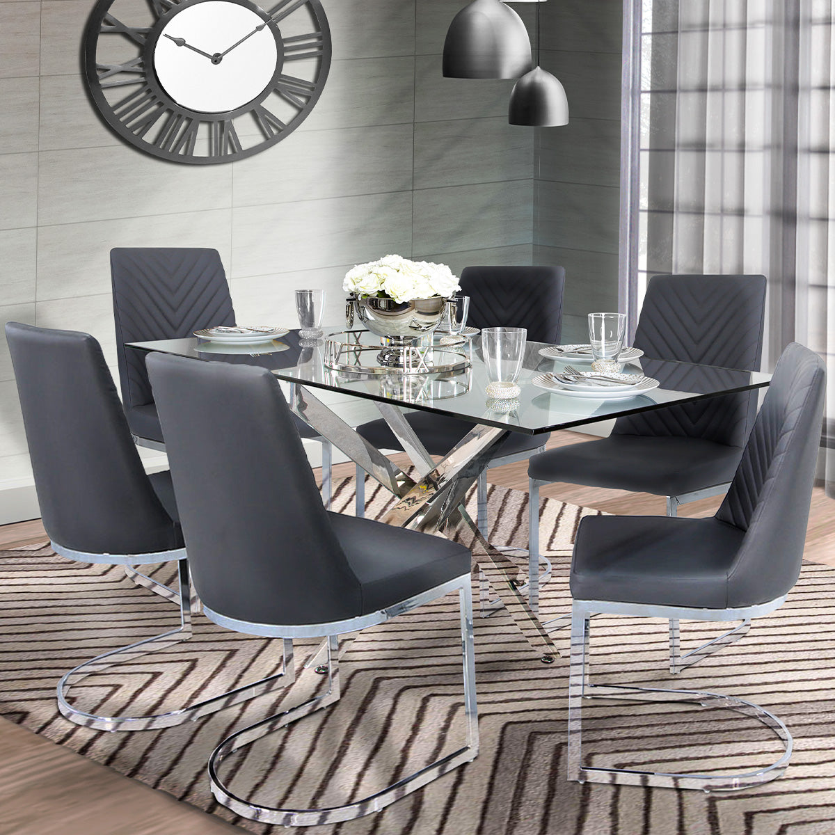 Seater Glass Dining Table Set – Davos Chrome with Canelli Grey