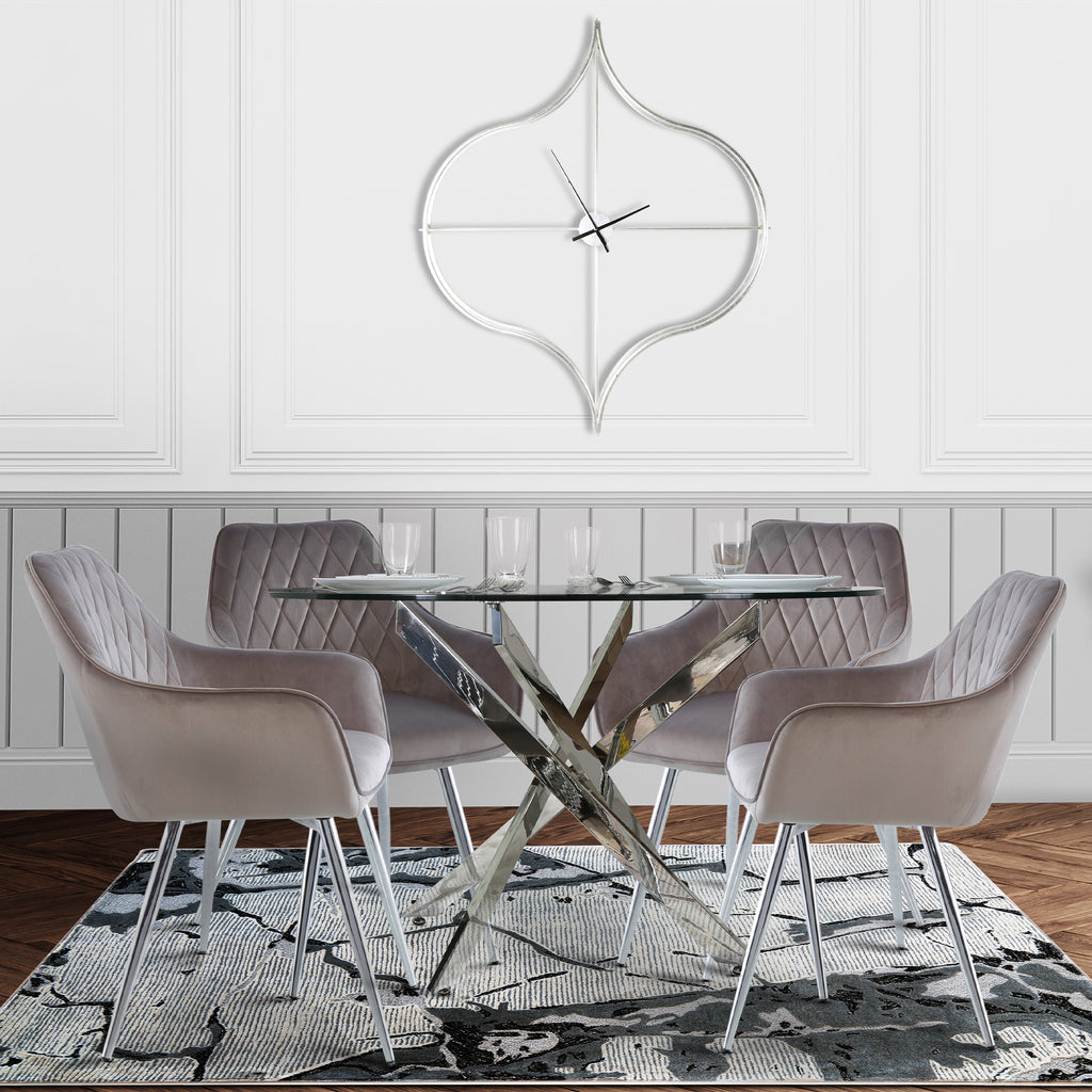 Davos Chrome - Round Dining Table + 4pcs Leon Grey - Dining Chair - VANITY LIVING