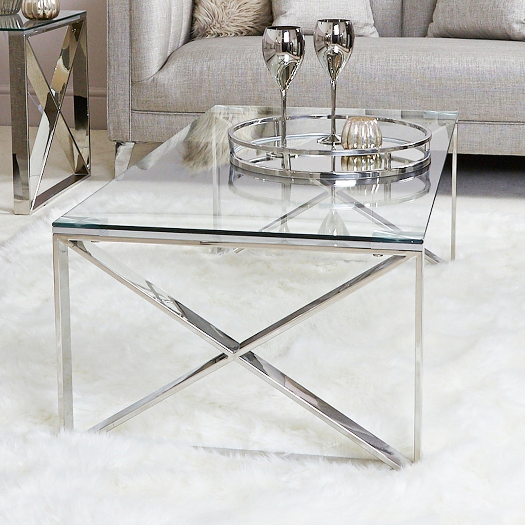 Living Room Set of 4 - Madrid Chrome Two Side Tables + Coffee Table + TV Unit - VANITY LIVING