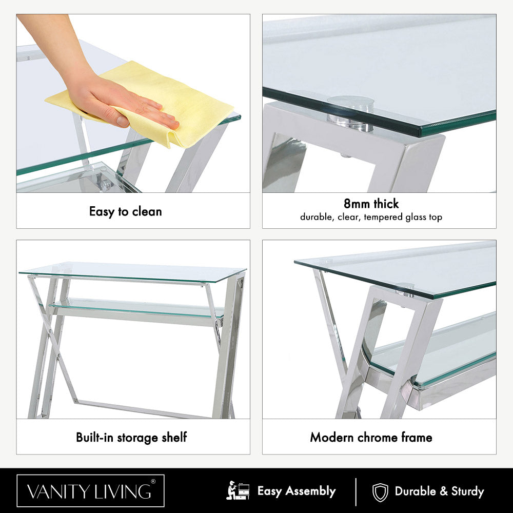 Glass desk sales with shelves
