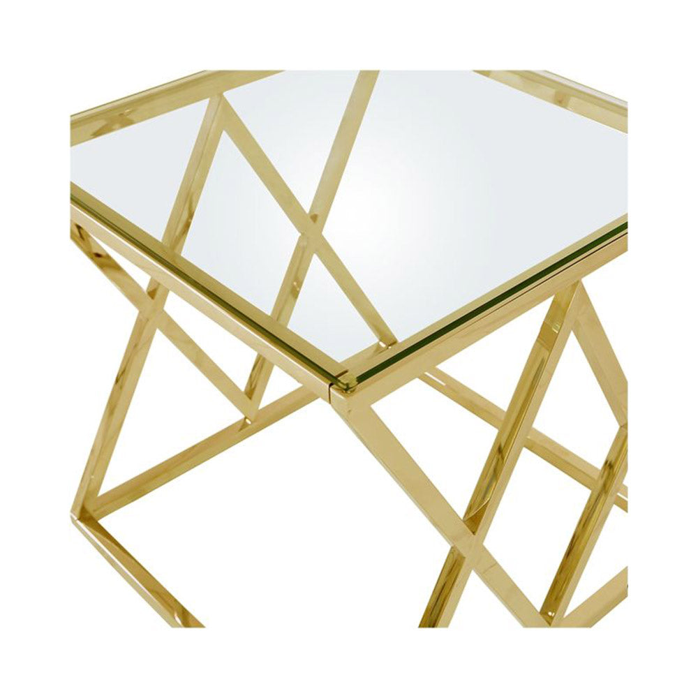 gold metal side table with glass top
