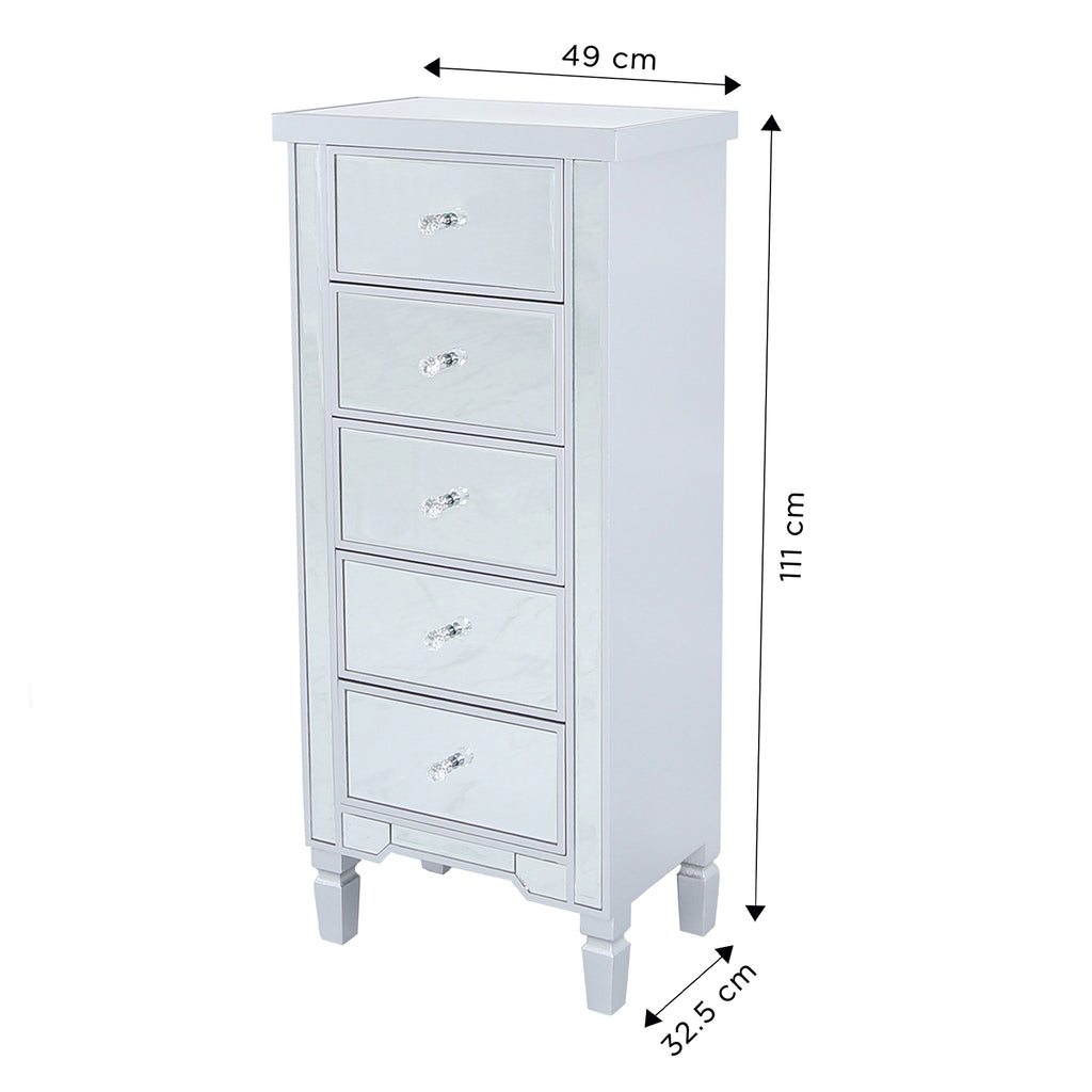 Bedroom Set of 6 - Treviso Silver Two Bedside Tables + Chest of 4 Drawers + Chest of 5 Drawers + Console Table + Wall Mirror - VANITY LIVING