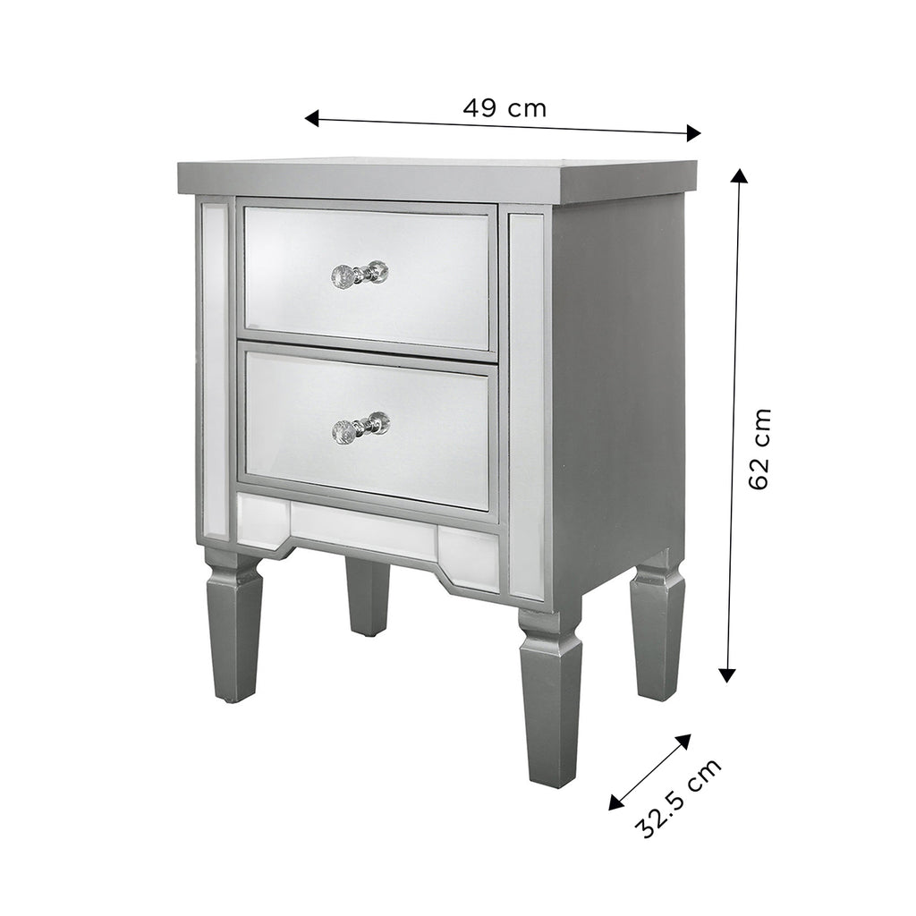 Bedroom Set of 6 - Treviso Silver Two Bedside Tables + Chest of 4 Drawers + Chest of 5 Drawers + Console Table + Wall Mirror - VANITY LIVING