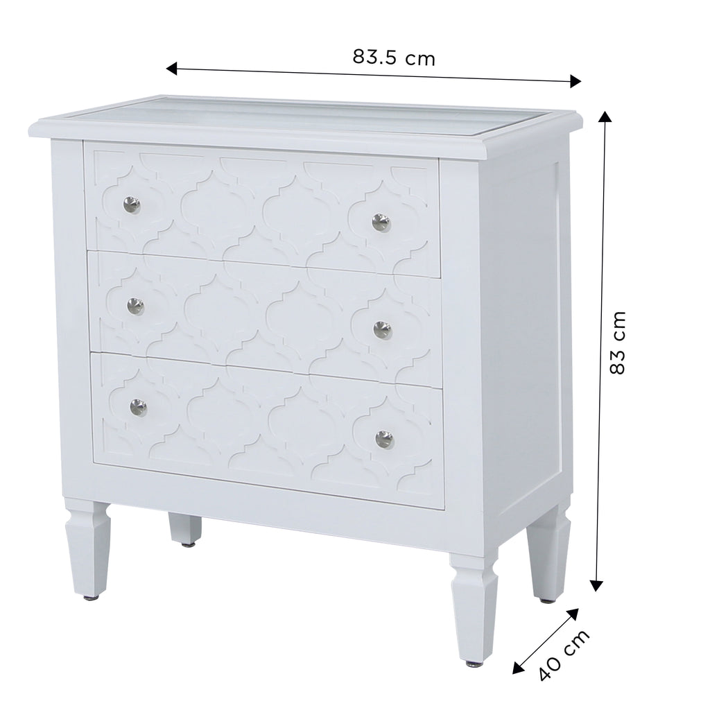 Marrakech White Wood Mirrored Top - 2 Bedside Tables + Chest of 3 Drawer - VANITY LIVING