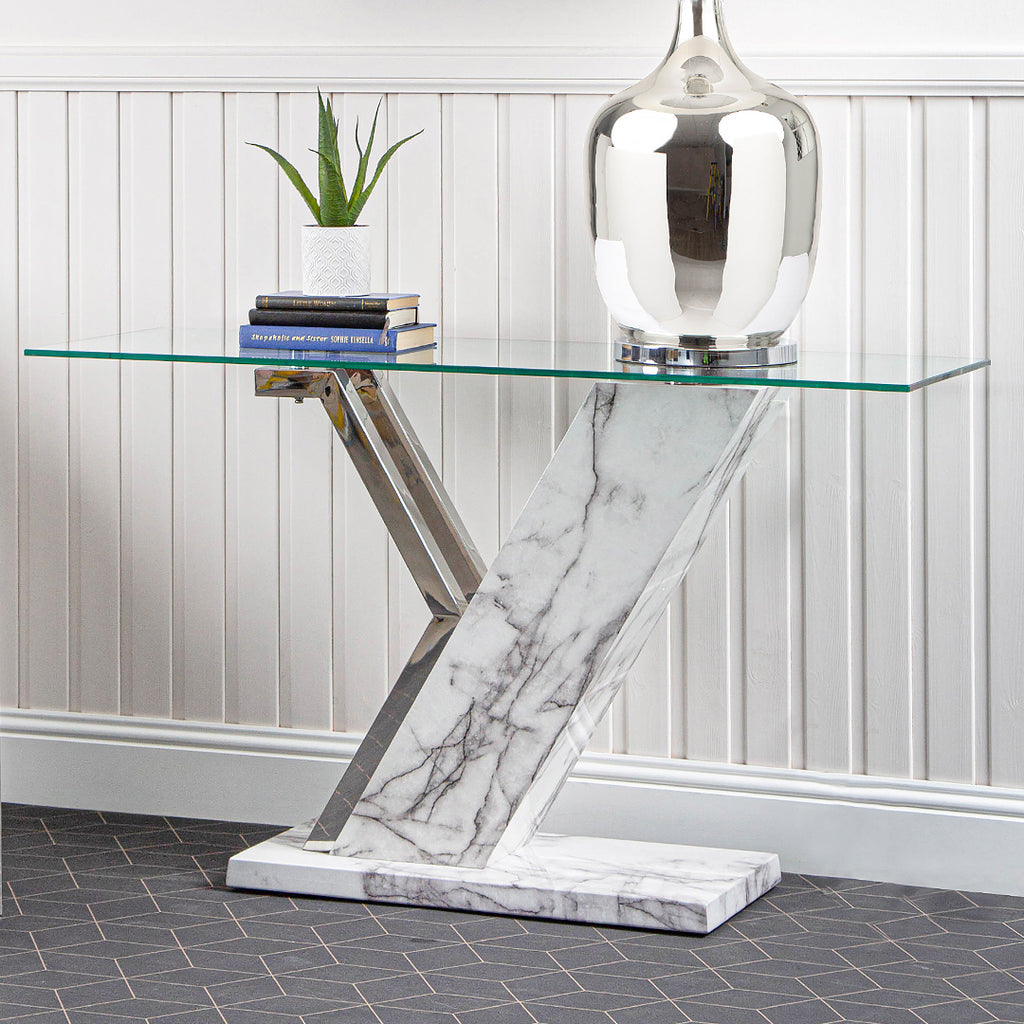 glass top marble console table