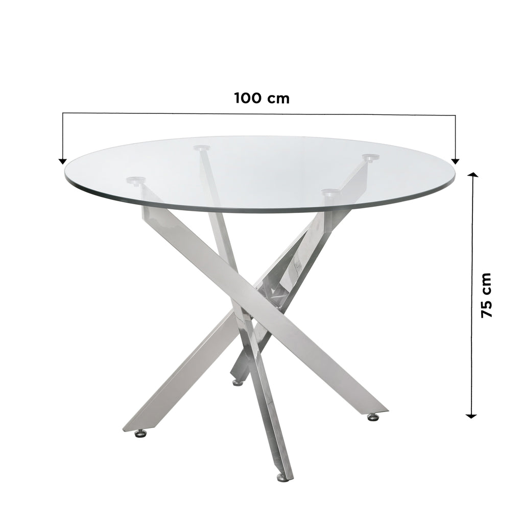 Davos Chrome - Round Dining Table + 4pcs Leon Grey - Dining Chairs - VANITY LIVING